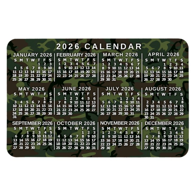 Imán 2026 Year Monthly Calendar Camouflage Camo Green (Horizontal)