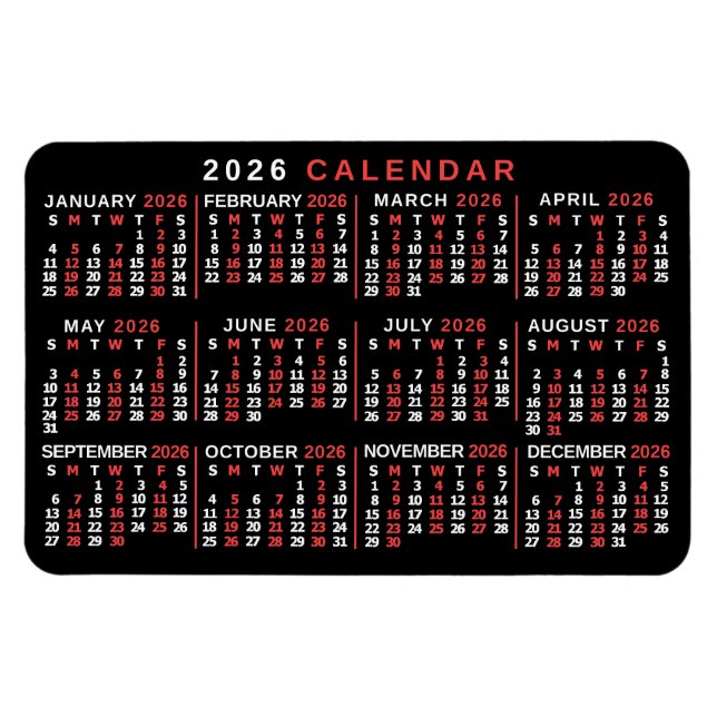 Imán 2026 Year Monthly Calendar Classic Black Red White (Horizontal)