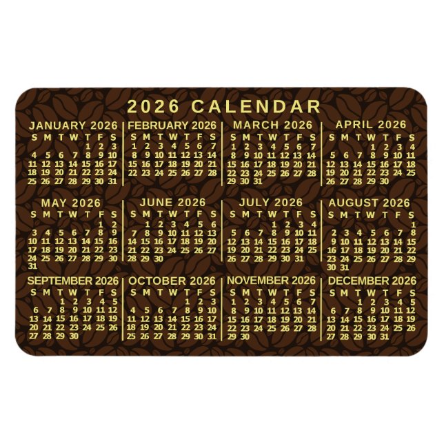 Imán 2026 Year Monthly Calendar Dark Coffee Beans (Horizontal)