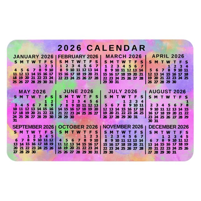 Imán 2026 Year Monthly Calendar Rainbow Splatter Paint (Horizontal)