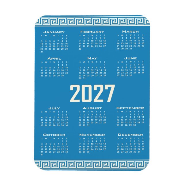 Imán 2027 Calendar, Greek Fret, Cosmic Latte on Blue (Vertical)