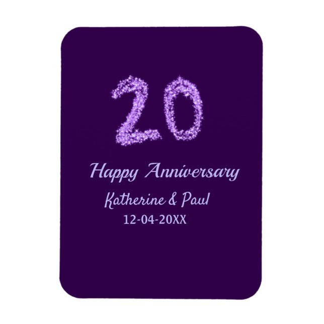 Imán 20.º feliz aniversario añada pareja fecha púrpura (Vertical)