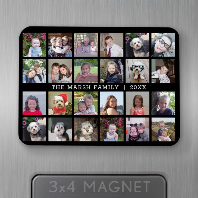 Imán 24 Collage de fotos con apellido Fecha - negro (Personalized fridge magnet - add photos and custom text)