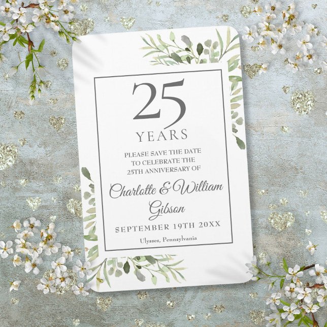 Imán 25° Aniversario de Plata Salven la Fecha Verde (25th Silver Anniversary Save the Date Greenery Magnet)