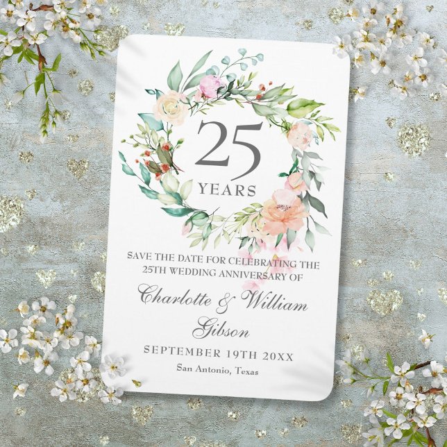 Imán 25 años de plata Rosas floral salvan la fecha (25th Silver Anniversary Roses Floral Save the Date Magnet)