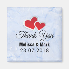 Imán 2 Corazones de Papel Rojos en Boda de Mármol Azul 