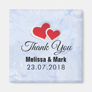 Imán 2 Corazones de Papel Rojos en Boda de Mármol Azul 