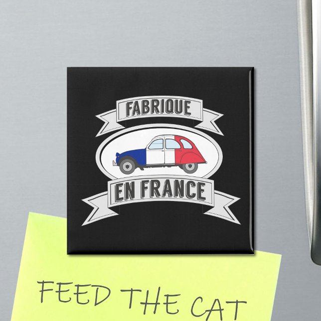 Imán 2 CV Bandera francesa fabricada en Francia (2CV Magnet in Black with a Red White Blue Deux Chevaux Illustration)