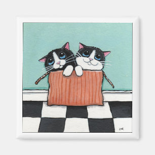 Imán 2 Gatos de Tuxedo en una caja   Gato Art Magnet