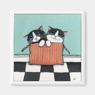 Imán 2 Gatos de Tuxedo en una caja | Gato Art Magnet