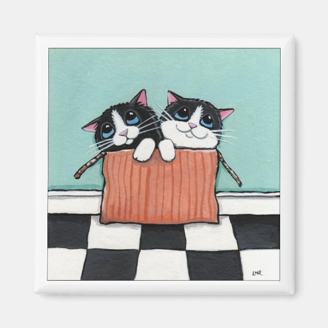 Imán 2 Gatos de Tuxedo en una caja | Gato Art Magnet (Frente)