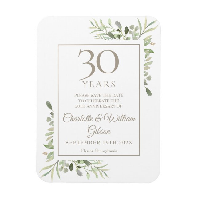 Imán 30.º Aniversario de Boda Salvar la Fecha Follaje (Vertical)