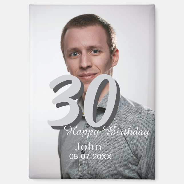 Imán 30.º cumpleaños añadir nombre fecha año foto blanc (Anverso)