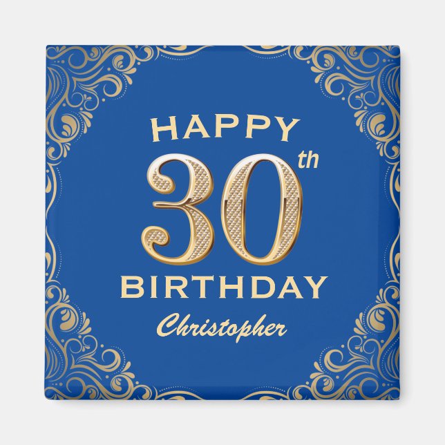 Imán 30.º marco Purpurina azul y dorado Fiesta de cumpl (Frente)