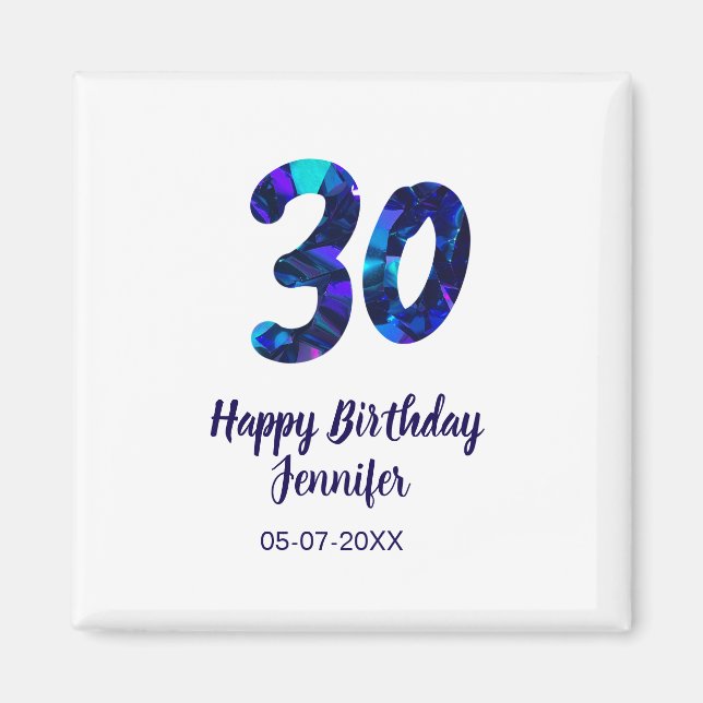 Imán 30th birthday add name date year blue sparkle  (Frente)