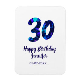 Imán 30th birthday add name date year blue sparkle