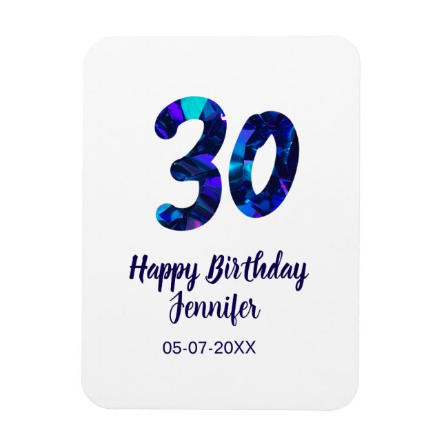 Imán 30th birthday add name date year blue sparkle  (Vertical)