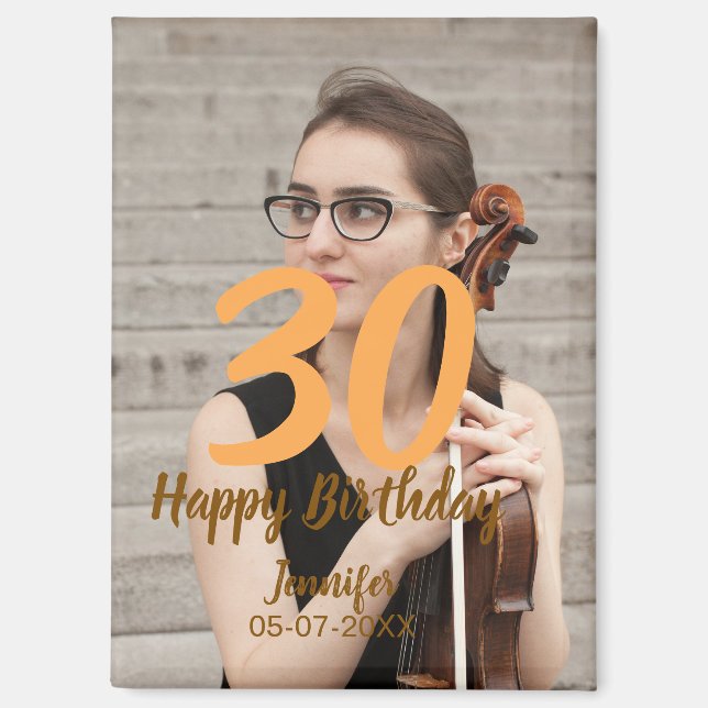 Imán 30th birthday add name date year white photo (Anverso)