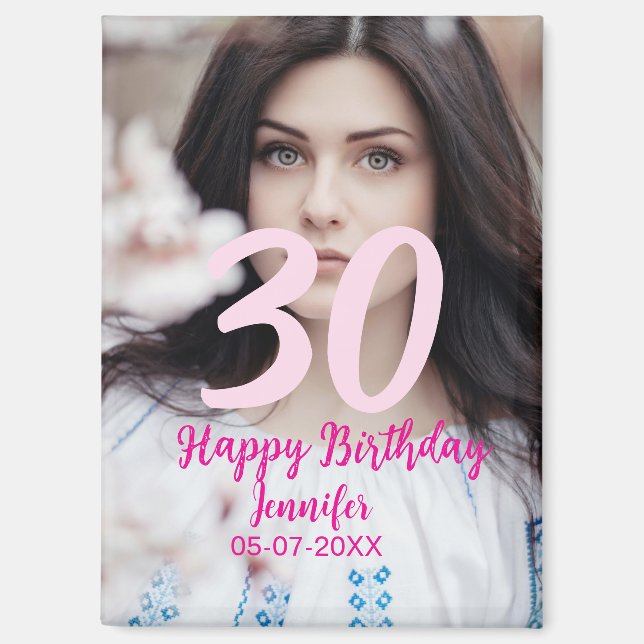 Imán 30th birthday add name date year white photo (Anverso)