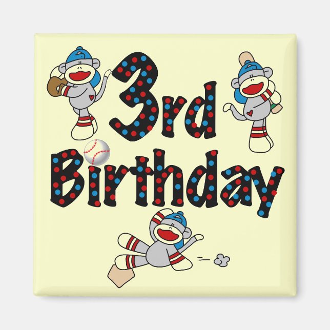 Imán 3.ᵉʳ cumpleaños del Béisbol de los monos Sock (Frente)