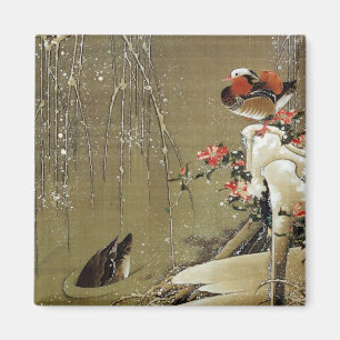 Imán 3. 雪中鴛鴦図, pato de mandarín del 若冲 en la nieve,