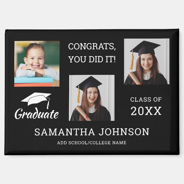 Imán 3 Collage de fotos Felicitaciones Grad 2025 Negro (Anverso)