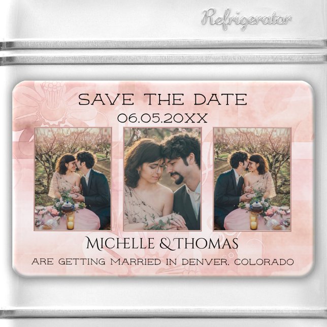 Imán 3 fotos Floral geométrica Rubor Guardar la fecha (Save the Date magnet featuring your photos on an abstract floral design in peach and blush pink.)
