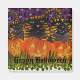 Imán 3 gatos negros y sus calabazas Feliz Halloween!