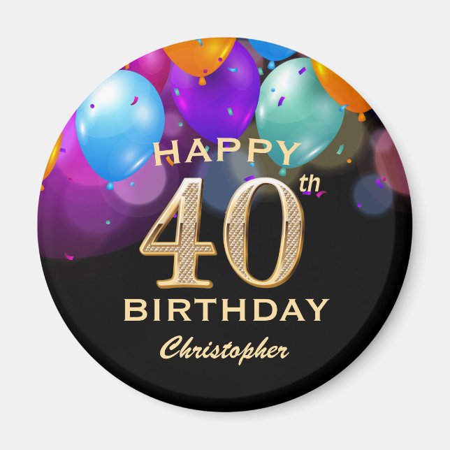 Imán 40.º Fiesta de cumpleaños Globos de oro y negro (Frente)