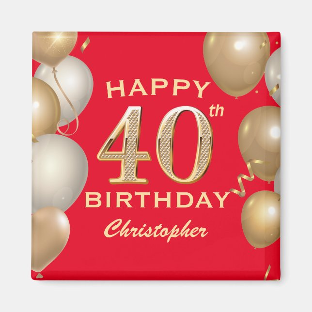 Imán 40.º Fiesta de cumpleaños Globos Rojos y Oro (Frente)