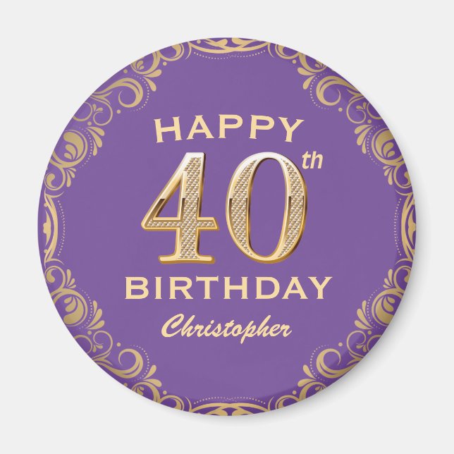 Imán 40.º marco Purpurina morado y dorado Fiesta de cum (Frente)