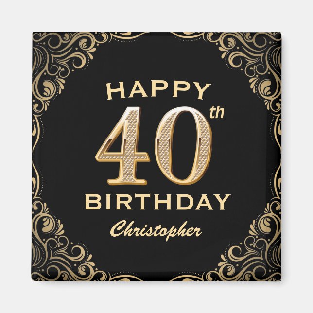 Imán 40.º marco Purpurina negro y oro Fiesta de cumplea (Frente)