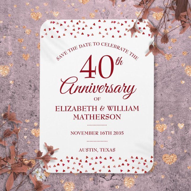 Imán 40 Aniversario de Boda Ruby Hearts Save the Date (40th Wedding Anniversary Ruby Hearts Save the Date Magnet)