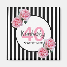 Imán 40 cumpleaños rayas negras de flores rosadas clási