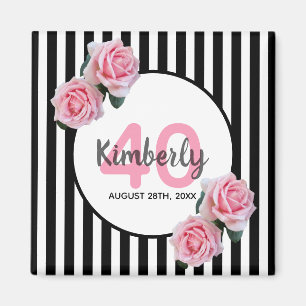 Imán 40 cumpleaños rayas negras de flores rosadas clási