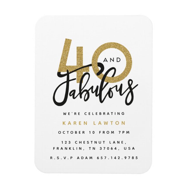 Imán 40 y fabulosa invitación a la fiesta de cumpleaños (Vertical)