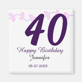 Imán 40th birthday add name date year purple floral pin