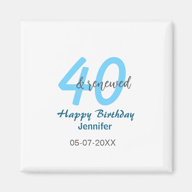 Imán 40th & renewed birthday name date blue bold number (Frente)