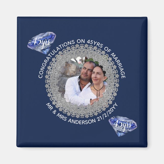 Imán 45° Aniversario del Boda - AÑADIR FOTO Azul zafiro (Frente)