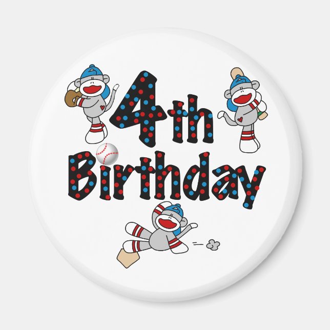 Imán 4.º cumpleaños del Béisbol de los monos Sock (Frente)
