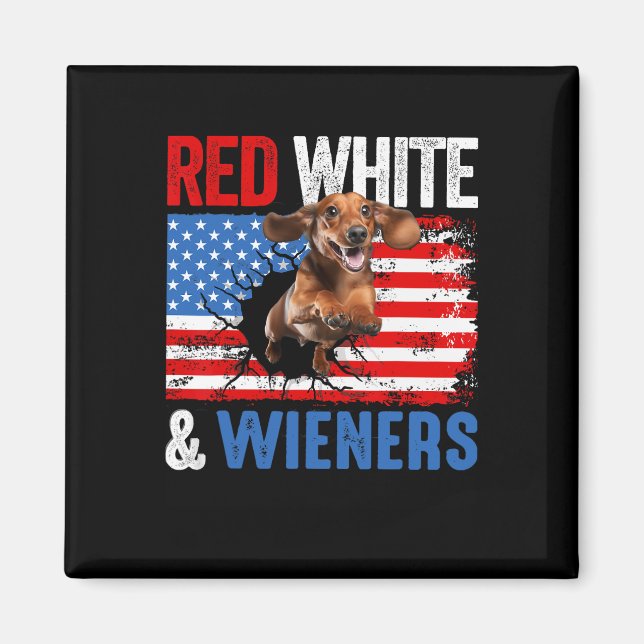 Imán 4 De Julio Dachshund Camisa De Perro Blanco Rojo Y (Frente)