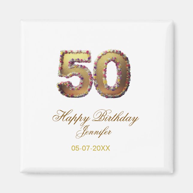 Imán 50th birthday add name date year gold floral bold  (Frente)