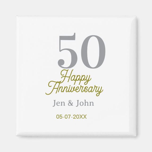 Imán 50th happy anniversary name date silver gold date  (Frente)