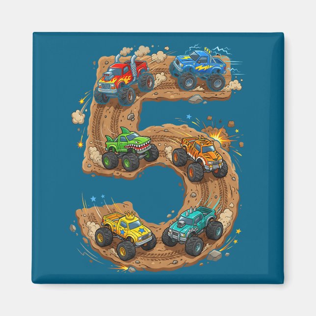 Imán 5 Year Old Monster Truck Boy Toddler 5th Birthday  (Frente)
