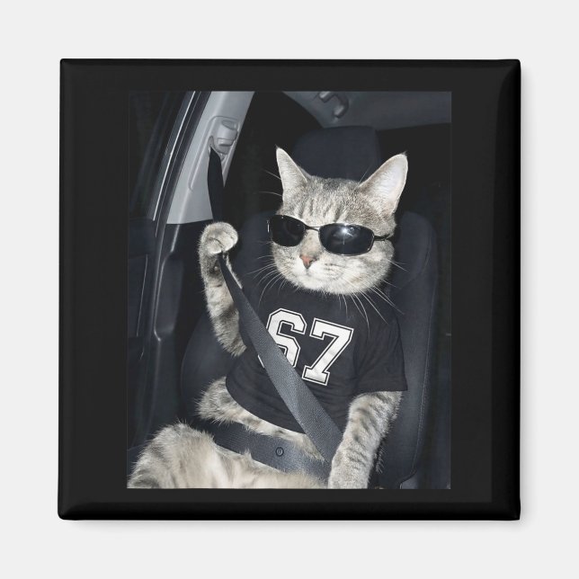 Imán 67 Cat Wearing Sungles Gen Alpha Funny Six Seven 6 (Frente)