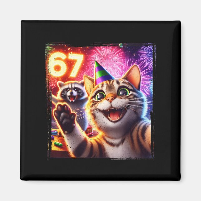 Imán 67 Meme Cat Raccoon New Year Selfie Funny Birthday (Frente)