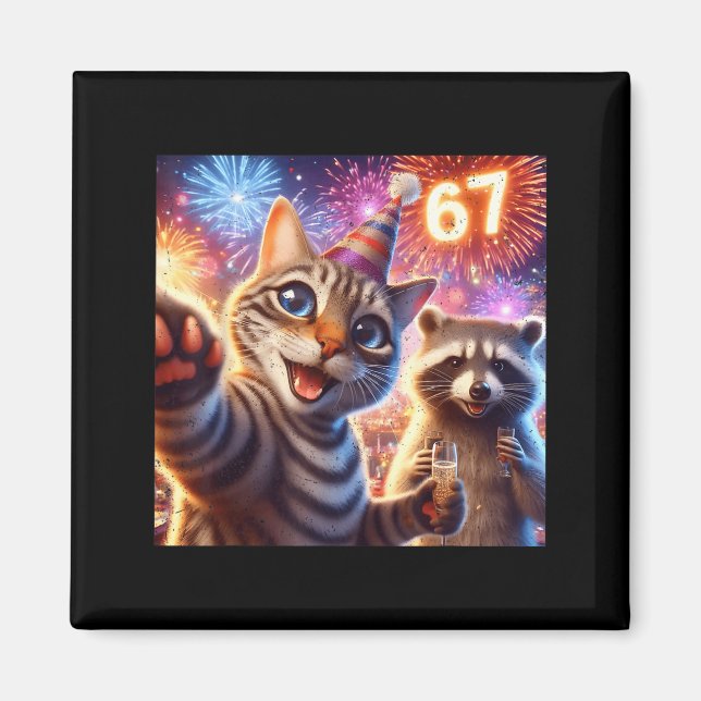 Imán 67 Meme Cat Raccoon New Year Selfie Funny Birthday (Frente)