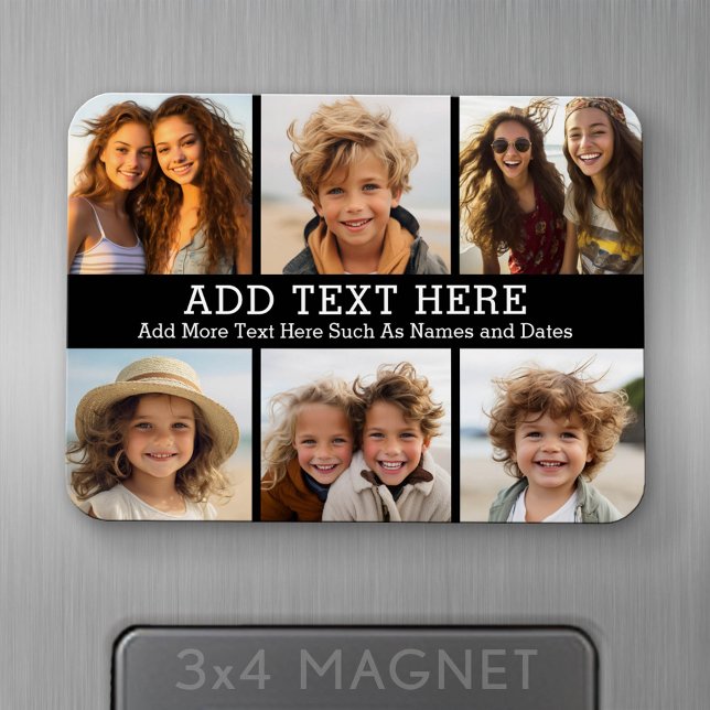 Imán 6 Colaje de Fotos 2 Líneas de Texto -- Se puede ed (Personalized fridge magnet - add photos and custom text)