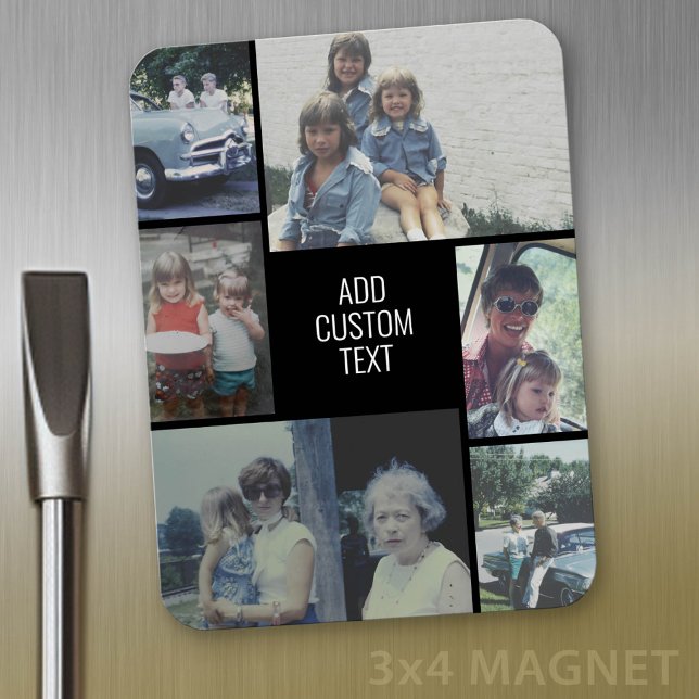 Imán 6 collage de fotos - fondo negro - texto blanco (Personalized magnet with photo collage and text)