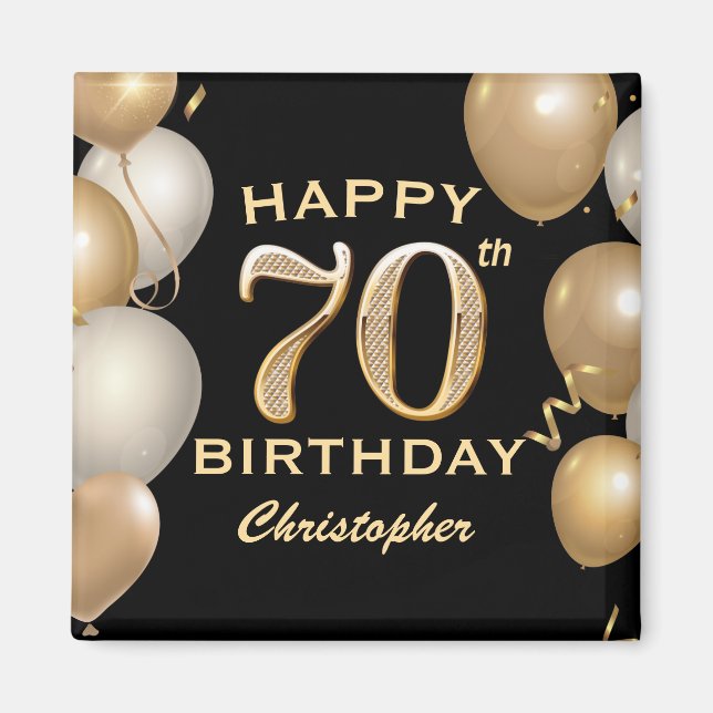 Imán 70.ª fiesta de cumpleaños Globos de oro y negro (Frente)